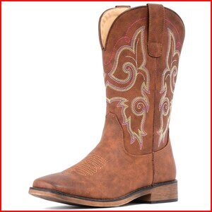 Square Toe Mid Calf Western Boots Pull On Embroidered Cowgirl Boots